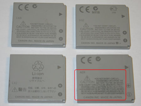 Back photo of the four batteries, the lower right battery is again the fake