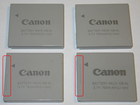 Front photo of the four batteries, the lower right battery is the fake